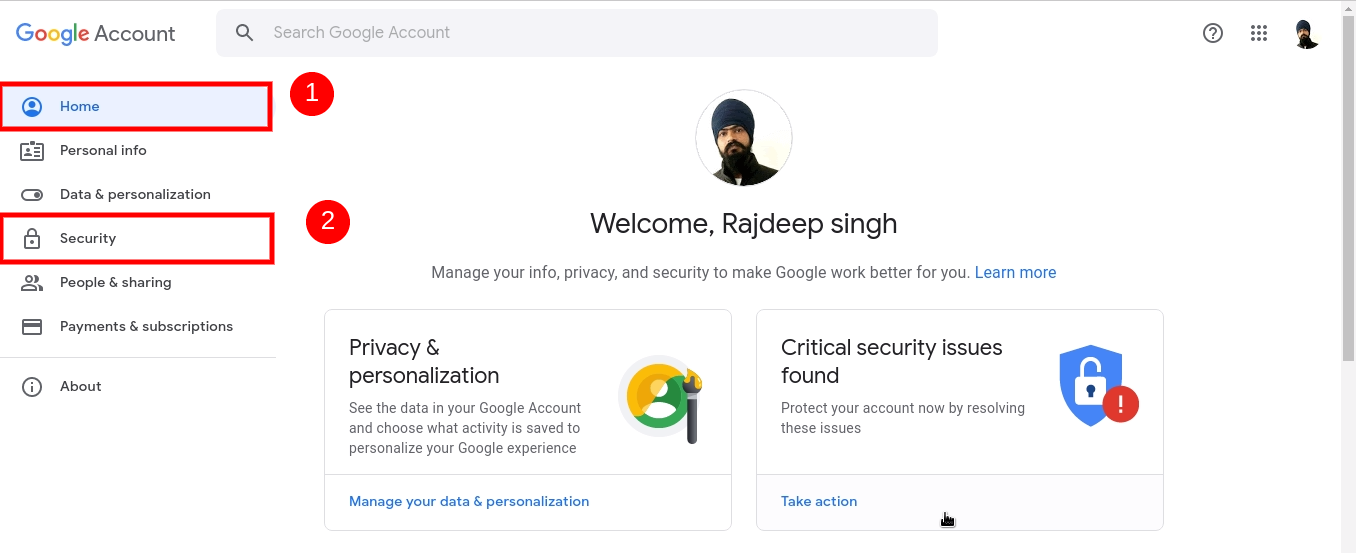 Home Dashboard Click Security tab